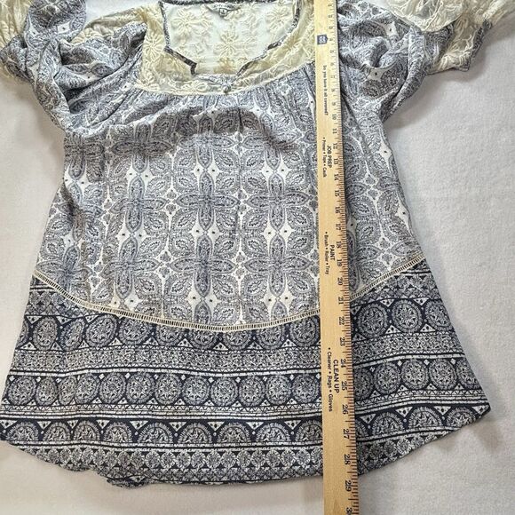 John Mark Peasant Mini Dress 3/4 Bell Sleeve Lace Detail On Blue - Picture 9 of 12